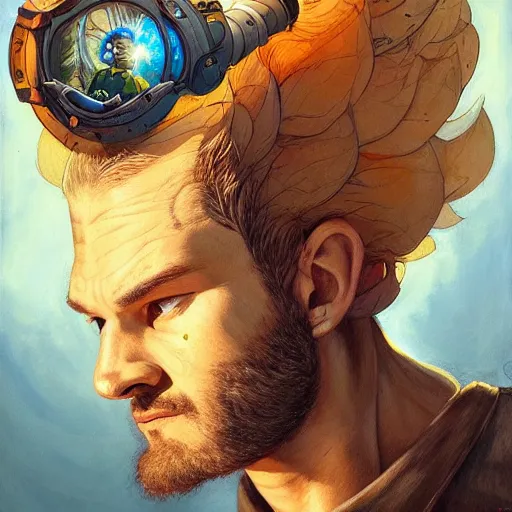 Prompt: best mohawk projector portrait by gaston bussierre and charles vess and james jean and erik jones and rhads, inspired by rick and morty, epic, funny, huge scale, beautiful fine face features, intricate high details, sharp, ultradetailed