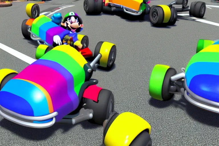 Prompt: Rainbow Road Mario Kart N64