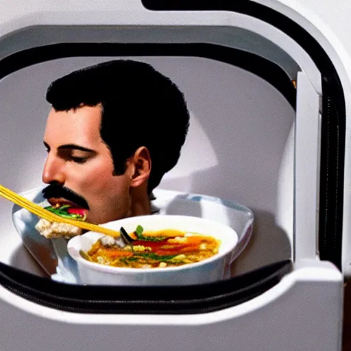 Image similar to Photo of Freddie Mercury eating ramen inside a washing machine, highly-detailed 4K award-winning