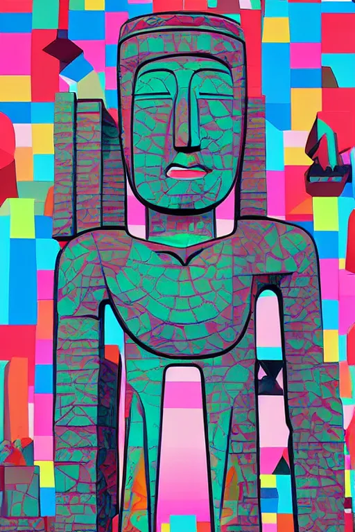 Image similar to cubist moai statue cutout digital illustration cartoon colorful beeple