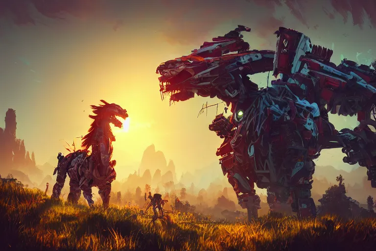 Image similar to scrapper machine creature robot of horizon forbidden west horizon zero dawn radiating a glowing aura global illumination ray tracing hdr fanart arstation by ian pesty and alena aenami artworks in 4 k