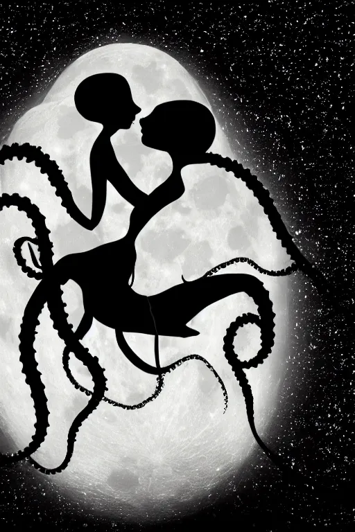 Image similar to the background is a huge moon. in the night environment, a man jumps into the air with a woman in his arms. in the middle of the moon are two figures in black silhouettes. at the bottom of the picture are some dancing octopus tentacles