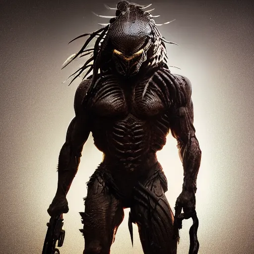 Image similar to full body pose, hyperrealistic photograph cover of predator, dim volumetric lighting, 8 k, octane beautifully detailed render, extremely hyper detailed, intricate, epic composition, cinematic lighting, masterpiece, trending on artstation, very very detailed, stunning, hdr, smooth, sharp focus, high resolution, award, winning photo, dslr, 5 0 mm