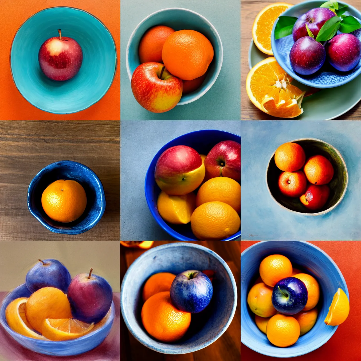 Prompt: a blue apple in a bowl of oranges