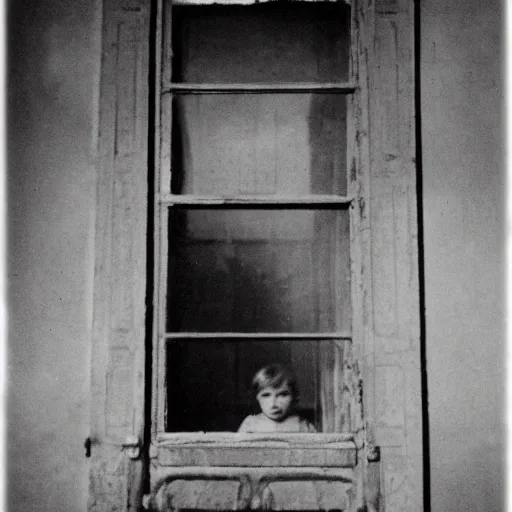 Image similar to creepy child standing behind a window of an old villa. 1 9 2 0 s black and white photo. eerie, foggy.