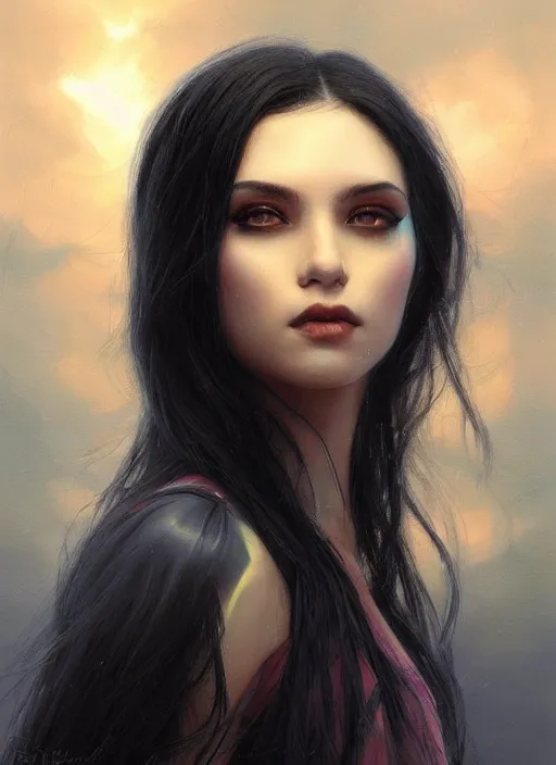 Image similar to girl with iridescent black hair, beautiful highly detailed face, complementary lighting, backlit, eyeshadow, divine, dramatic lighting, landscape background, beautiful painting by artgerm and greg rutkowski and raymond swanland