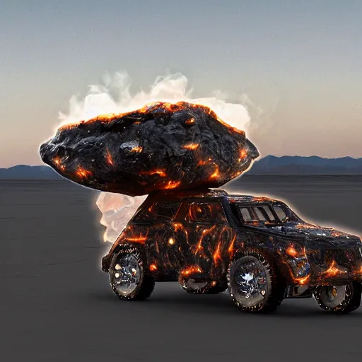 Image similar to an asteroid headed for burning man black rock desert with art cars and fire spinners detailed, 8 k, trending on artstation