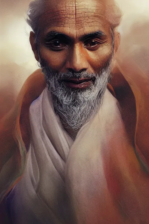 Image similar to hindu priest, close - up portrait, devoted, intricate, elegant, volumetric lighting, scenery, digital painting, highly detailed, artstation, sharp focus, illustration, concept art, ruan jia, steve mccurry