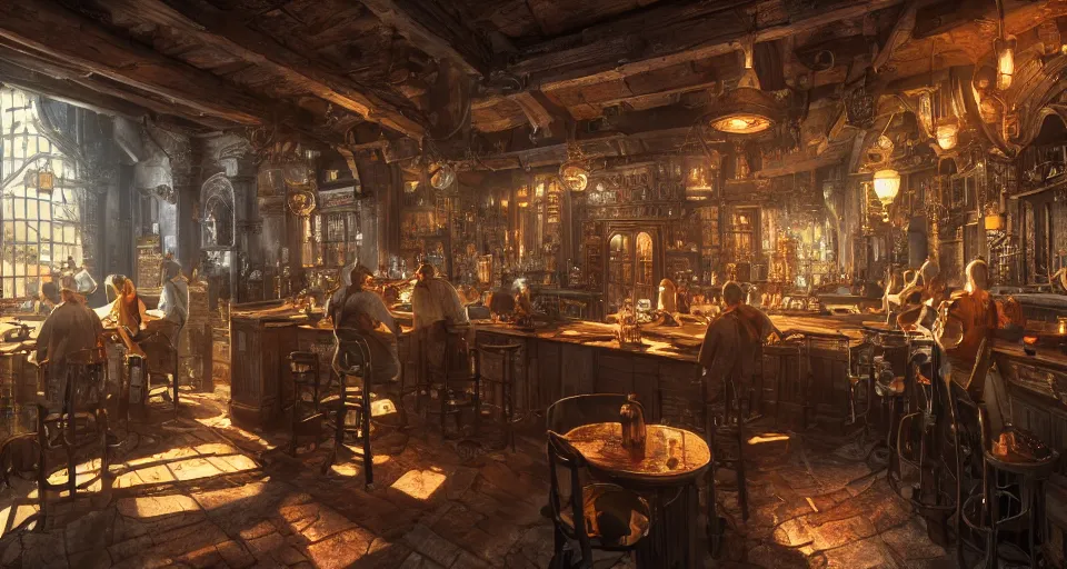 Image similar to alchemy tavern, hyperdetailed, artstation, cgsociety, golden hour 8 k, volumetric lighting, could tones