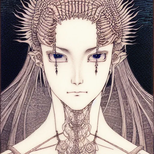 Image similar to prompt: Fragile looking vessel portrait soft light drawn by Takato Yamamoto, inspired by Fables, ancient dragon knight armor decoration, magical and alchemical objects on the side, soft light, white background, intricate detail, intricate oil painting detail, sharp high detail, manga and anime 2000