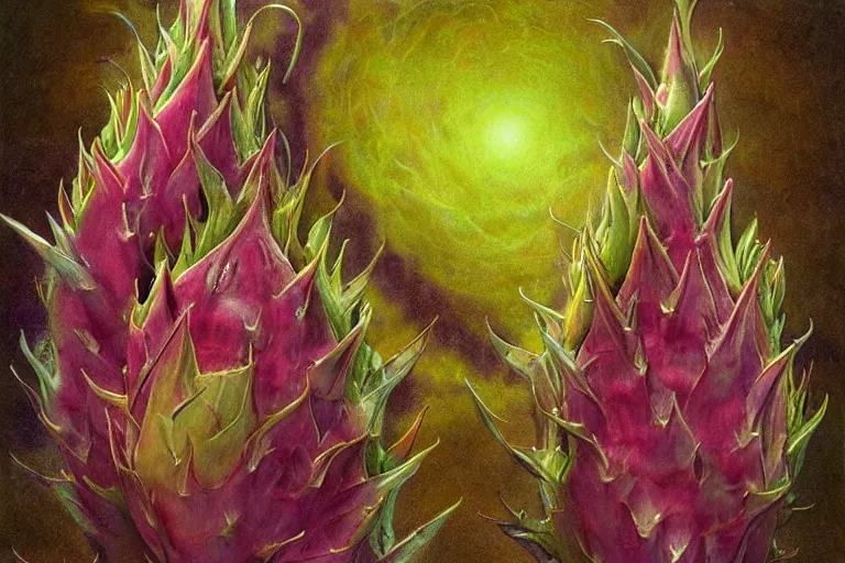 Prompt: dragonfruit wizard, painted by wendy froud and wayne douglas barlowe, trending on artstation, bright closeup view movie poster, mandelbulb 3 d, fresco, watercolor painting, daguerreotype