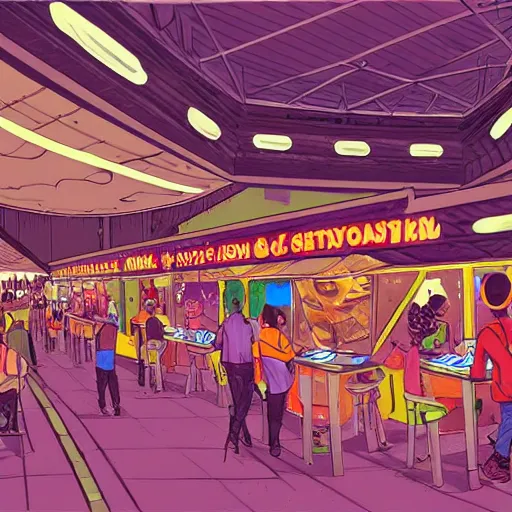 Image similar to food court at a crowded space station, jim henson creature shop, mike mignogna, cyberpunk, retrofuture, illustration