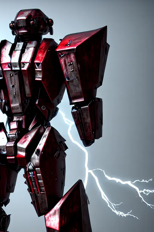 Image similar to hyper detailed 8 k cg cinematic still, rendering with volumetric lightning and ray tracing, crimson skinny full body armored core, weathering armor plating, endoekeleton exposure