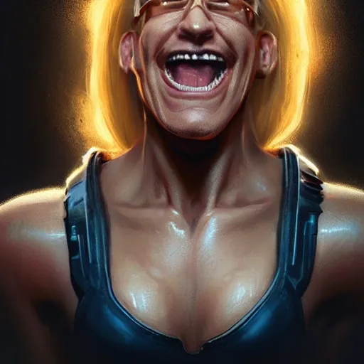 Prompt: Duke Nukem 3D, Blond spiky hair, radiation sign, big smile, intricate, cinematic lighting, highly detailed, digital painting, artstation, concept art, smooth, sharp focus, illustration, art by Artgerm and Greg Rutkowski, Cgsociety