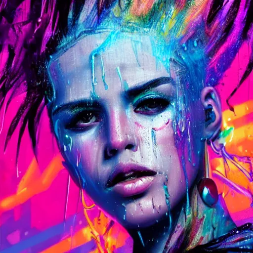 Image similar to splashes of neon clouds, mowhawk, punk women portrait made out of paint with rain in the background, trending on artstation, epic composition, emotional, beautiful, rendered in octane, highly detailed, realistic, comic book art, sharp focus, matte painting, unreal engine