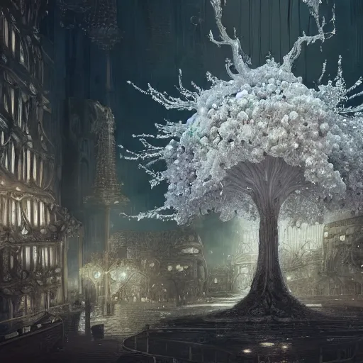Prompt: an intricate white tree with mechanical flowers inside an intricate futistic gothic cage, suspended in the air above a street of a megalopolis with buildings made of sand and glass, matte painting, cinematic, dramatic atmosphere, detailed, atmospheric, wide angle, artstation trending