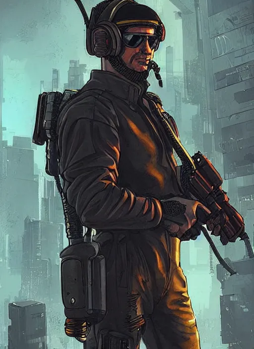 Image similar to Menacing Hector. buff cyberpunk mercenary wearing a cyberpunk headset, military vest, and pilot jumpsuit. square face. Realistic Proportions. Concept art by James Gurney and Laurie Greasley. Moody Industrial skyline. ArtstationHQ. Creative character design for cyberpunk 2077.