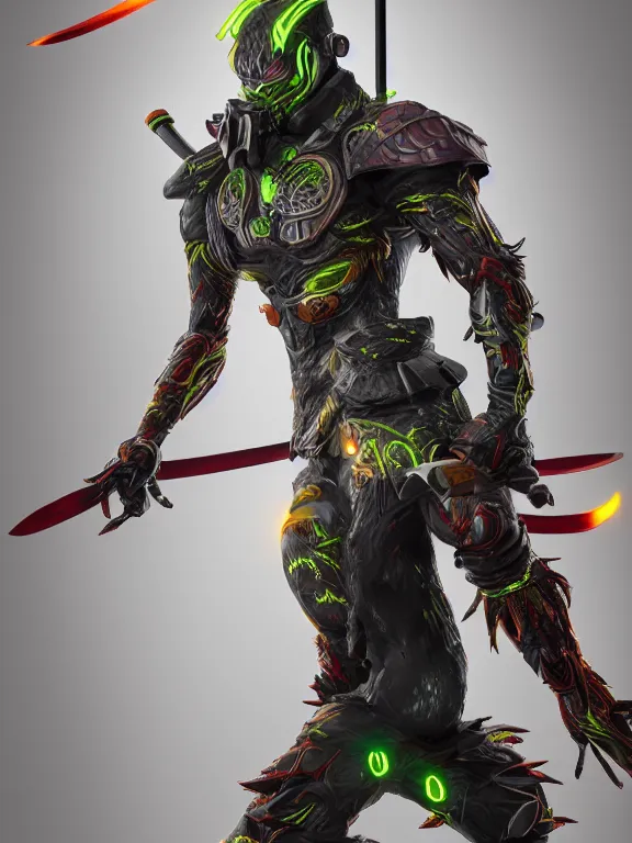 Image similar to full body front view portrait of natural, bio - mechanical ninja samurai, character design, correct anatomy, made in blender, octane render, ray tracing, ultra detailed, fantasy, neon lighting, intricate and highly detailed, coloured with lots of colour, pose, fantasy, sharp focus,