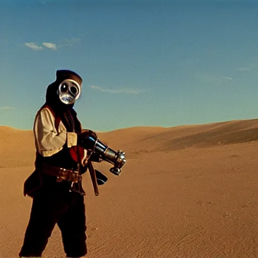 Prompt: pirate wearing a gasmask, in the desert, film still, arriflex 3 5