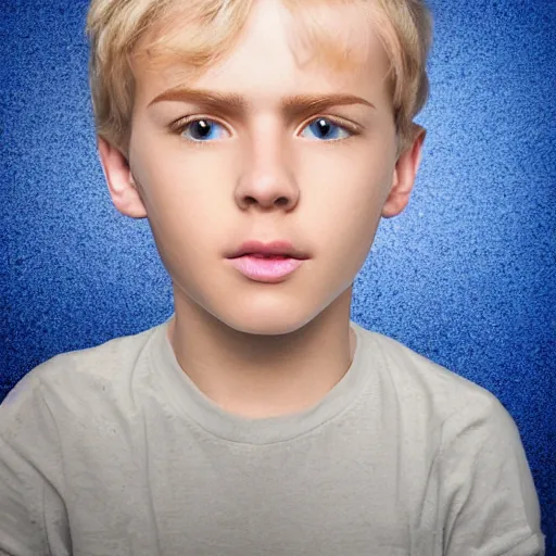 Image similar to portrait of a boy with his hand on his face, extremely realistic and real, photorealistic, blonde hair and blue eyes, detailed facial structure, real eyes that are detailed