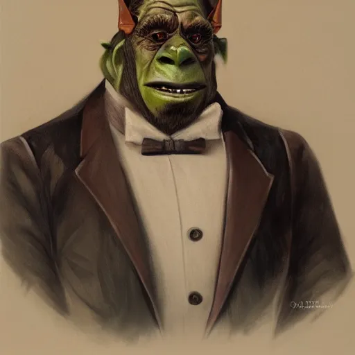 Prompt: detailed portrait painting of gentleman orc with green skin wearing brown tuxedo