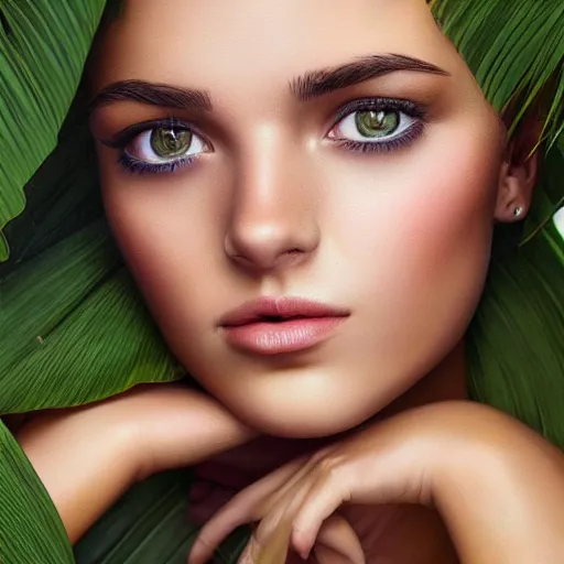 Image similar to gorgeous female photo, professionally retouched, soft lighting, chest covered with palm leaves, realistic, smooth face, perfect eyes, wide angle, sharp focus on eyes, 8 k high definition, insanely detailed, intricate, elegant, oil painting art by omar ortiz