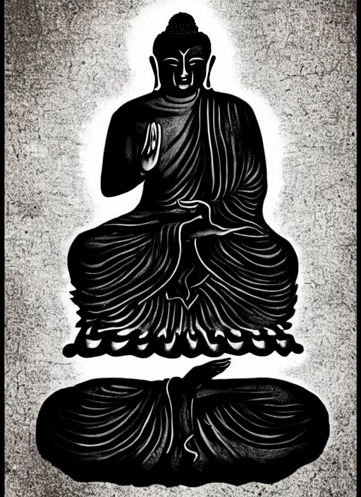 Prompt: a beautiful clothed in black ink budha by la _ _ _ aura and laura h. rubin