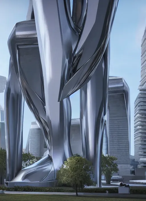 Image similar to highly detailed architecture render of a huge high futuristic metallic stele sculpture in the style of zaha hadid standing in city park, archdaily, made in unreal engine 4