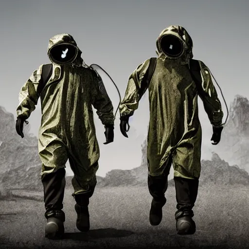 Prompt: a surreal landscape with towers in a harsh environment, two figures dressed in biohazard suits are walking, digital art
