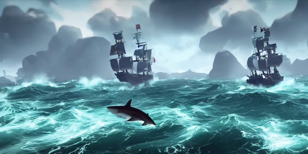 Prompt: a shark attacking a ship in a rough sea, sea of thieves style, unreal engine, cinematic, waves, fog, clouds, rain