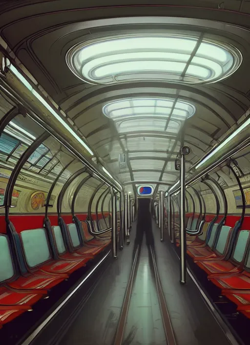 Image similar to perfectly - empty subway train interior, intricate, highly detailed, digital painting, artstation, concept art, smooth, sharp focus, illustration, unreal engine 5, 8 k, art by artgerm and greg rutkowski and alphonse mucha