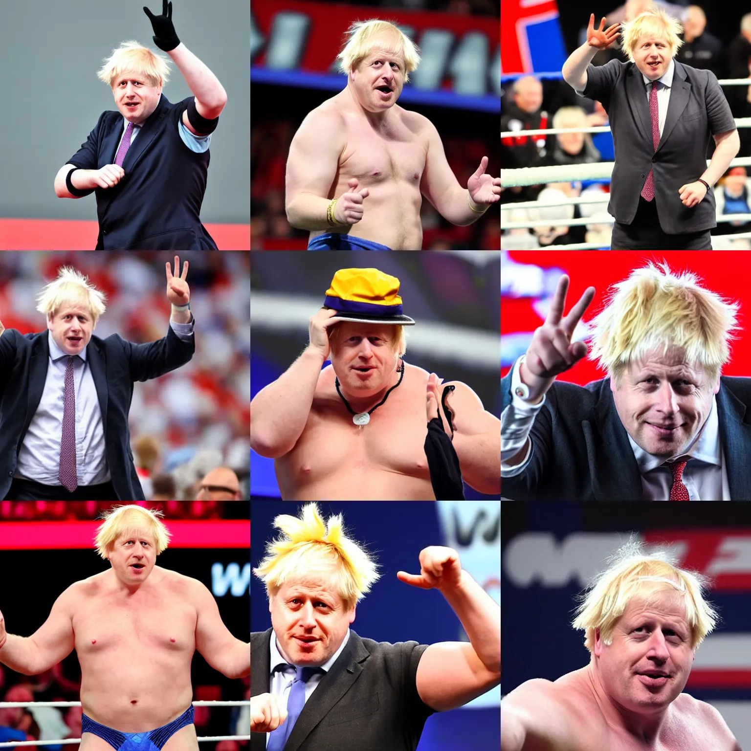 Prompt: boris johnson as a muscular wwe wrestler wearing a cap hat. he is angry and waving to the camera. his face are partially hidden behind his hand