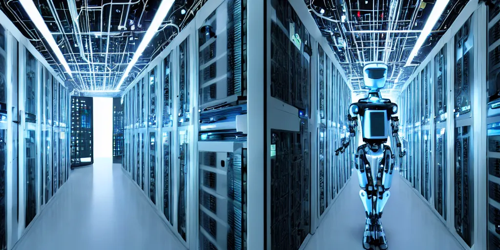 Image similar to futuristic robot in data center server room shot from michael bay movie