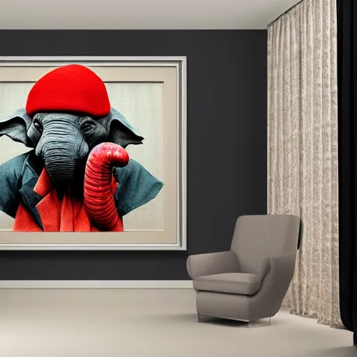 Image similar to elephant yoda patriot potus, modern art placed in a large living room, art designers magazine HD photo superrealism 3d 8k resolution