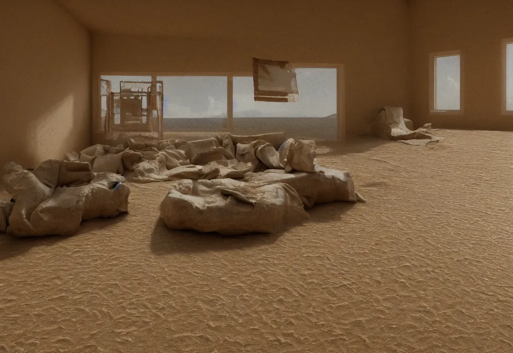 Prompt: kodak portra 4 0 0 photographic and realistic, interior of a living room, detailed, octane render, unreal engine, 4 k, artstation, hyper realistic, wide angle, floor flooded with sand, desert, dunes, objects partially buried, 3 5 mm, sharp focus, soft light, volumetric light, in the style of gregory crewdson