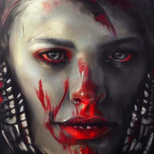 Prompt: portrait of the death angel, beautiful female face, angelic, dark, blood, by jeremy mann, by lucian freud, god rays, female indigenous warrior, warrior face painting red, wings, holding a weapon, intricate, highly detailed, trending on artstation, award winning, cinematic