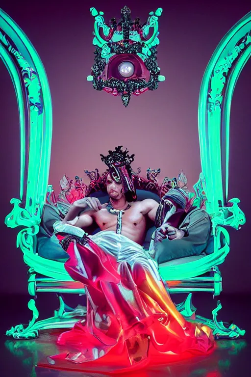 Image similar to full-body rococo and cyberpunk style neon statue of a muscular attractive Jay Sean sim roupa macho dotado e rico android sim roupa reclining con las piernas abiertas e la piroca dura e afuera, glowing red laser eyes, prince crown of red gears, diamonds, swirling black-colored silk fabric. futuristic elements. full-length view. space robots. red balloon animals. human skulls. intricate artwork by caravaggio. Trending on artstation, octane render, cinematic lighting from the right, hyper realism, octane render, 8k, depth of field, 3D