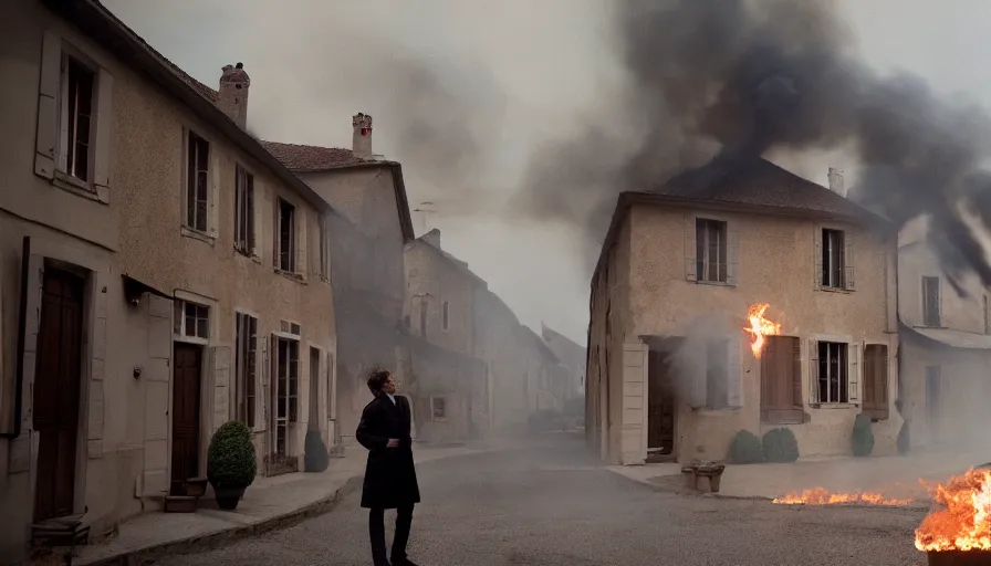 Image similar to movie still of nathan never in a french style townhouse who is burning in a small french village, heavy grain, high quality, high detail, dramatic light, anamorphic, flares