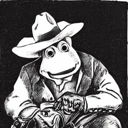 Prompt: a cowboy frog in a hat is sitting on a horse holding a revolver in his hands