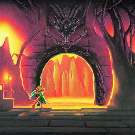 Prompt: an airbrush depiction of the foreboding entrance to the first dungeon from the legend of zelda ( 1 9 8 6 ), by basma al - sharif, by lindsay pickett, by hiroo isono