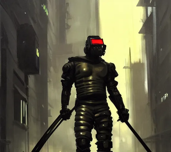 Prompt: Greg Manchess painting of a cyberpunk supersoldier character with katana, armoured in athletic carbon suit head to toe, cyberpunk street, rain, dark atmosphere, wide shot, asymmetrical, profile picture, Organic Painting, sunset dark dramatic, matte painting, bold shapes, hard edges, street art, trending on artstation, by Huang Guangjian and Gil Elvgren and Sachin Teng