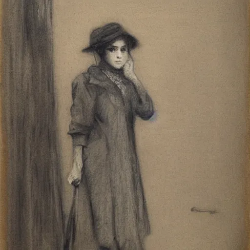 Image similar to a young woman detective by alfred stevens, charcoal