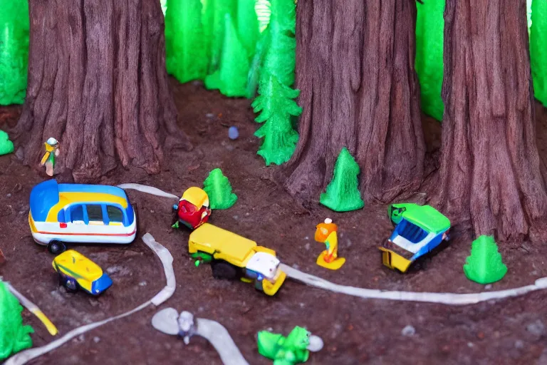 Image similar to fisher price redwood forest, california scene from tv show hyper detailed 5 5 mm 8 5 mm, toy photography, made out of plastic