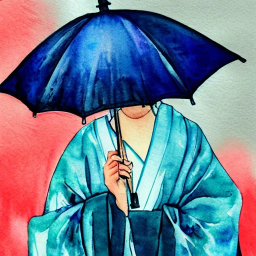 Image similar to dramatic closeup portrait of a geisha holding and umbrella in a rainstorm at dusk : dynamic lighting watercolor