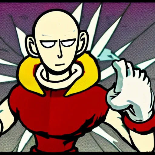 Prompt: portrait of saitama in the cuphead game art style, End game boss, angry face wrinkles, flowerfield background