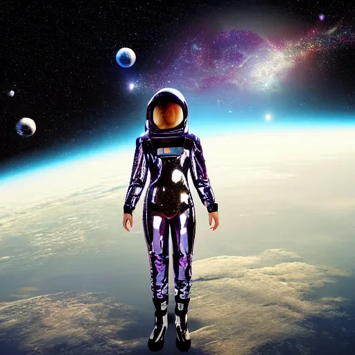 Prompt: a picture of a beautiful woman in a futuristic feminine spacesuit flying through space with galaxies in the back from far away