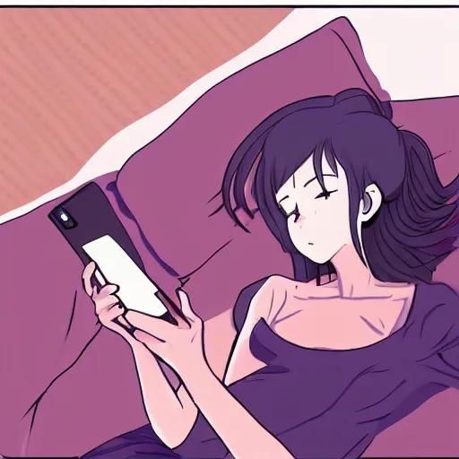 Image similar to girl in bed with phone in her hand before going to sleep, 2 d modern anime style