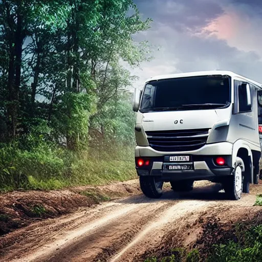 Prompt: promotional photo of fso warszawa driving off road