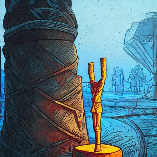 Image similar to a soldier stands beneath a giant chess piece, artwork by dan mumford