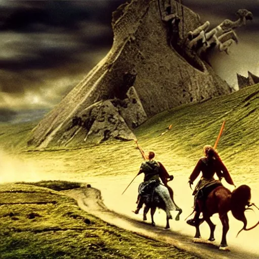 Image similar to still from lord of the rings showing the ride of the rohirrim, riding toward minas tirith on skateboards